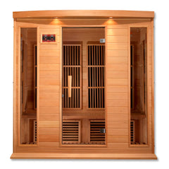 Maxxus 4-person low EMF infrared sauna by Golden Designs, made of Hemlock wood with a 3x3 foot interior space.