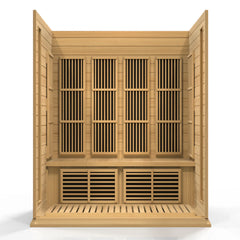 Maxxus 4-person low EMF FAR IR sauna by Golden Designs Inc. with hemlock wood interior and spacious 3x3.5-foot design