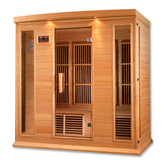 Maxxus 4-person low EMF far infrared sauna in hemlock wood by Golden Designs Inc. with a 3x3 foot interior.
