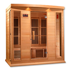 Maxxus 4-person low EMF far infrared sauna by Golden Designs with hemlock wood and spacious 3x3 foot interior.