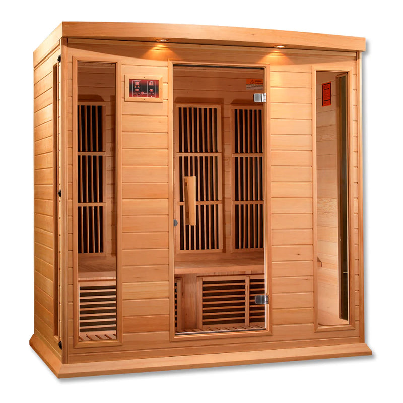 Maxxus 4-person low EMF far infrared sauna by Golden Designs with hemlock wood and spacious 3x3 foot interior.