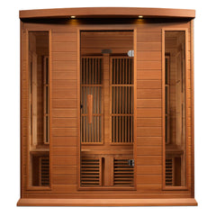 Golden Designs Maxxus 4-person cedar sauna with low EMF far infrared panels, designed for home relaxation and wellness.