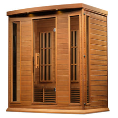 Golden Designs Inc. Maxxus 4-person cedar sauna with low EMF and far infrared panels, shown with cedar interior and exterior.