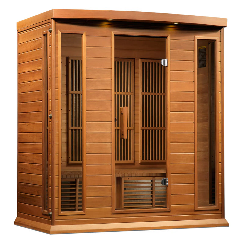 Golden Designs Maxxus 4-person cedar infrared sauna with low EMF and FAR IR therapy, shown with wooden interior panels.