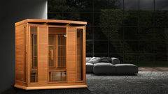 Golden Designs Maxxus 4-person cedar infrared sauna with low EMF FAR IR panels, shown with wooden interior and glass door.