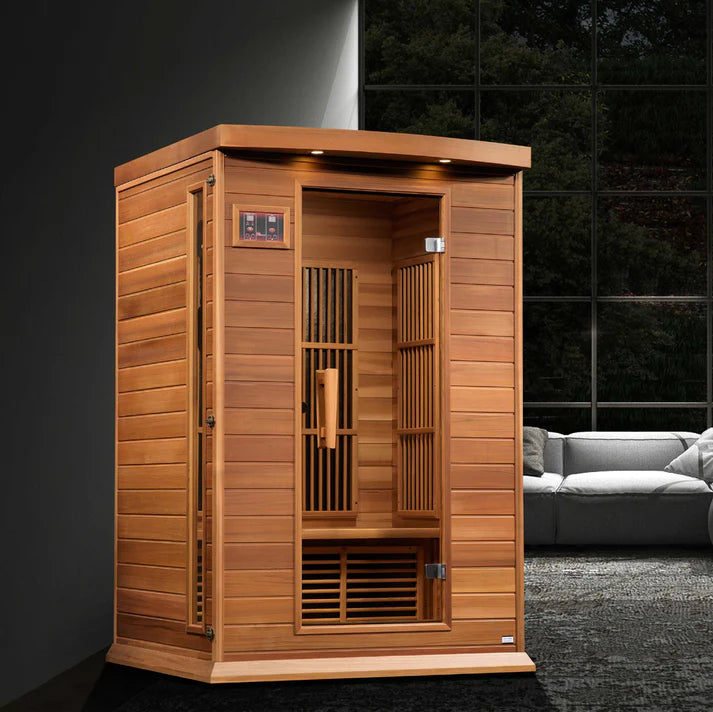 Golden Designs Maxxus 2-Person Near Zero EMF Far Infrared Sauna, dark wood interior, large 3x3 size, designed for relaxing wellness.