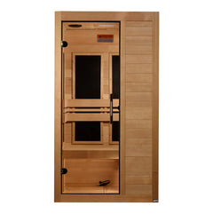 Maxxus S-Line 1-Person Low EMF FAR IR Sauna by Golden Designs Inc. with wooden interior and control panel for relaxation.