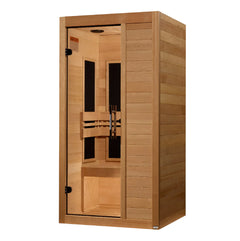 Maxxus S-Line 1 Person Low EMF FAR IR Sauna by Golden Designs Inc. with wooden interior and digital control panel.