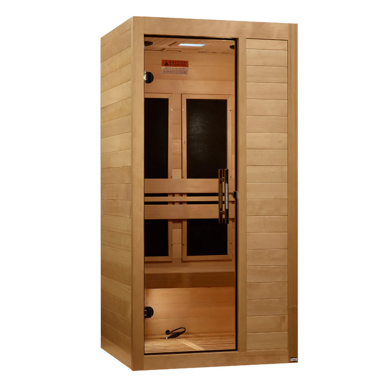 Maxxus S-Line 1-person low EMF FAR IR sauna by Golden Designs Inc. with wooden interior and control panel visible inside