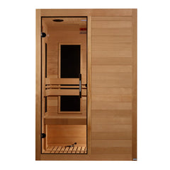 Golden Designs Elite Dynamic Hemming 2-Person Ultra Low EMF Far IR Sauna, showing the interior and seating arrangement.