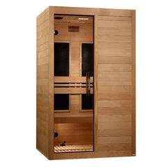 Maxxus S-Line 2-person low EMF far infrared sauna by Golden Designs Inc. with wooden interior and control panel.