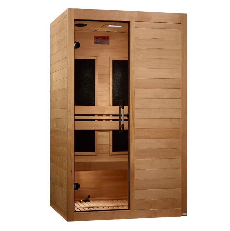 Maxxus S-Line 2-person low EMF far infrared sauna by Golden Designs Inc. with wooden interior and control panel.