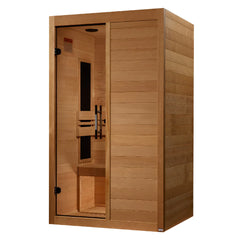 Maxxus S-Line 2-person low EMF FAR IR sauna by Golden Designs Inc. with glass door and wooden interior for relaxing infrared therapy