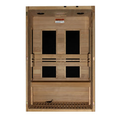 Golden Designs Elite Dynamic Heming 2-person low EMF far infrared sauna with glass door and interior benches.