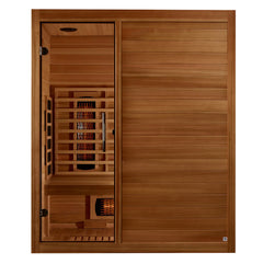 Golden Designs Maxxus S-Line 3-person full spectrum infrared sauna with glass door and wooden interior.