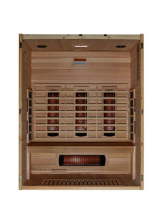 Golden Designs Maxxus S-Line 3-person full spectrum infrared sauna with wooden interior and control panel.