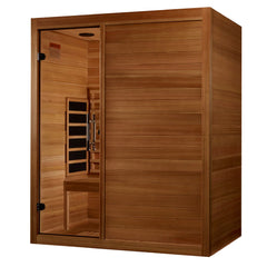 Golden Designs Maxxus S-Line 3-person full spectrum infrared sauna with wooden interior and control panel, designed for home wellness.