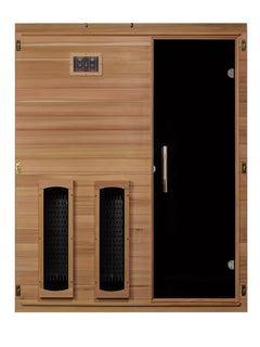 Golden Designs Maxxus S-Line 3-person full spectrum infrared sauna with wood interior and control panel, designed for home wellness.