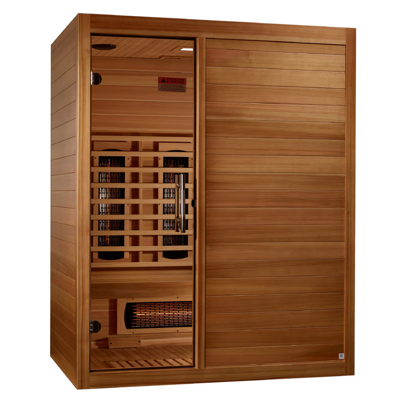 Golden Designs Maxxus S-Line 3-person full spectrum infrared sauna with wooden interior and glass door.