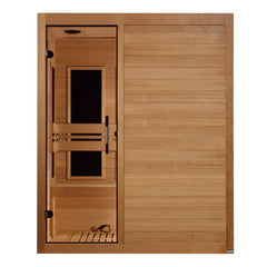 Maxxus S-Line 3-person low EMF far infrared sauna by Golden Designs Inc. with wooden interior and control panel.