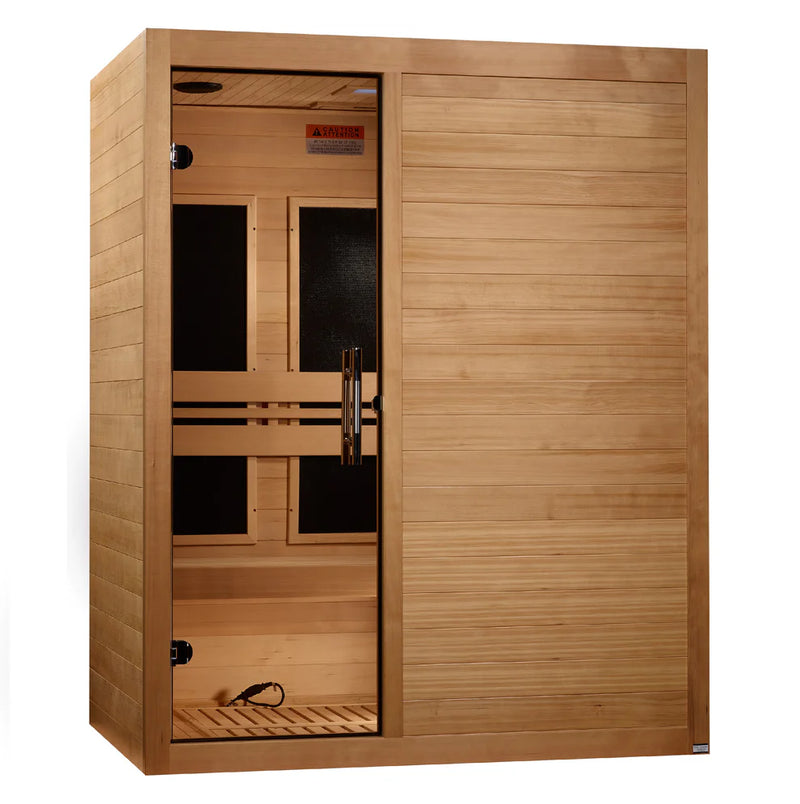 Maxxus S-Line 3-person low EMF FAR IR sauna by Golden Designs Inc., showing the wooden interior and control panel.