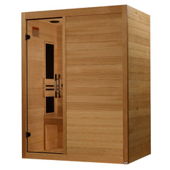 Maxxus S-Line 3-person low EMF far infrared sauna by Golden Designs Inc. with wooden interior and digital control panel.