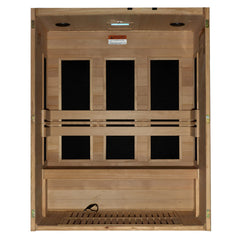 Maxxus S-Line 3-person low EMF far infrared sauna by Golden Designs Inc. with wooden interior and control panel.
