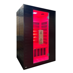 Finnmark FD-3 full spectrum infrared sauna by Zoppinh with four-person capacity, featuring a wooden interior and glass door.