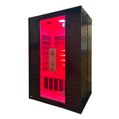 Finnmark FD-3 full spectrum infrared sauna by Zoppinh with four seating capacity, featuring wooden benches and infrared panels.