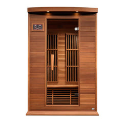 Golden Designs Maxxus 2-person infrared sauna with near-zero EMF and far infrared therapy, front view of the sleek sauna unit.