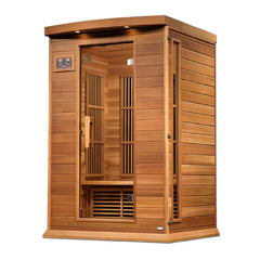 Golden Designs Maxxus 2-person infrared sauna with near-zero EMF, shown from right side with wooden interior and control panel.