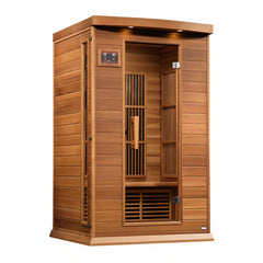 Golden Designs Maxxus 2-person far infrared sauna with near-zero EMF, featuring a sleek wooden interior and digital control panel.