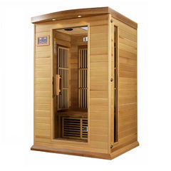 Maxxus Toulouse 2-person infrared sauna by Golden Designs Inc. with red cedar wood, near-zero EMF, shown from the front side.