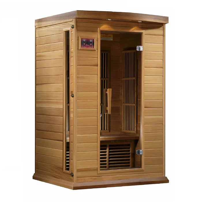 Golden Designs Maxxus Toulose 2-person infrared sauna with red cedar interior, near zero EMF, shown in 3D facing right.