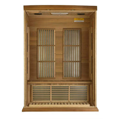 Golden Designs Maxxus Toulouse 2-person infrared sauna with red cedar interior and near-zero EMF technology, front view.
