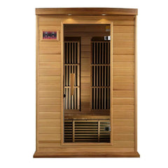 Golden Designs Maxxus Toulouse 2-person infrared sauna with red cedar interior and near-zero EMF technology, front view.