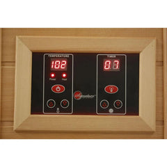 Golden Designs Maxxus Toulouse 2-Person Infrared Sauna with red cedar interior and remote control, near-zero EMF technology.