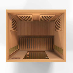 Golden Designs Maxxus Toulose 2-person near zero EMF infrared sauna with red cedar interior, viewed from above.