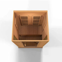 Golden Designs Maxxus Toulouse 2-person infrared sauna with red cedar interior, near zero EMF, front view of the sauna.