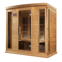 Golden Designs Maxxus Chaumont 4-person infrared sauna with red cedar interior and near zero EMF technology, facing left.