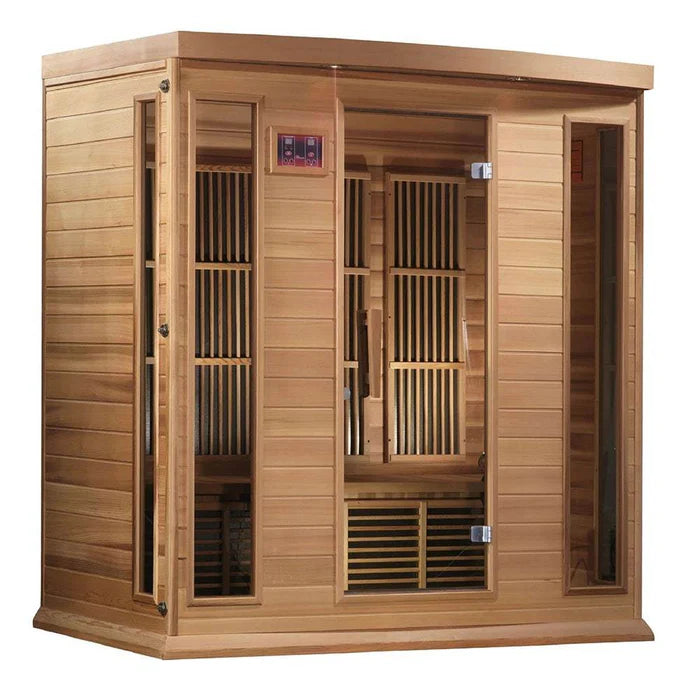 Golden Designs Maxxus Chaumont 4-person near zero EMF infrared sauna with red cedar interior facing right.