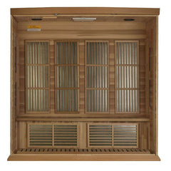 Golden Designs Maxxus MX-K406-01-ZF infrared sauna for four persons with red cedar interior, near-zero EMF technology, front view.