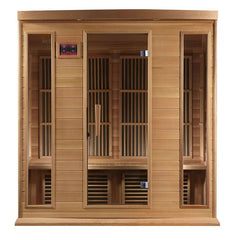 Golden Designs Maxxus Chaumont 4-person infrared sauna with red cedar interior and near-zero EMF technology, front view.