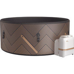 Zoppinh MSPA MONO Verto Series hot tub sauna with sleek design and wooden exterior, featuring seating and control panel.