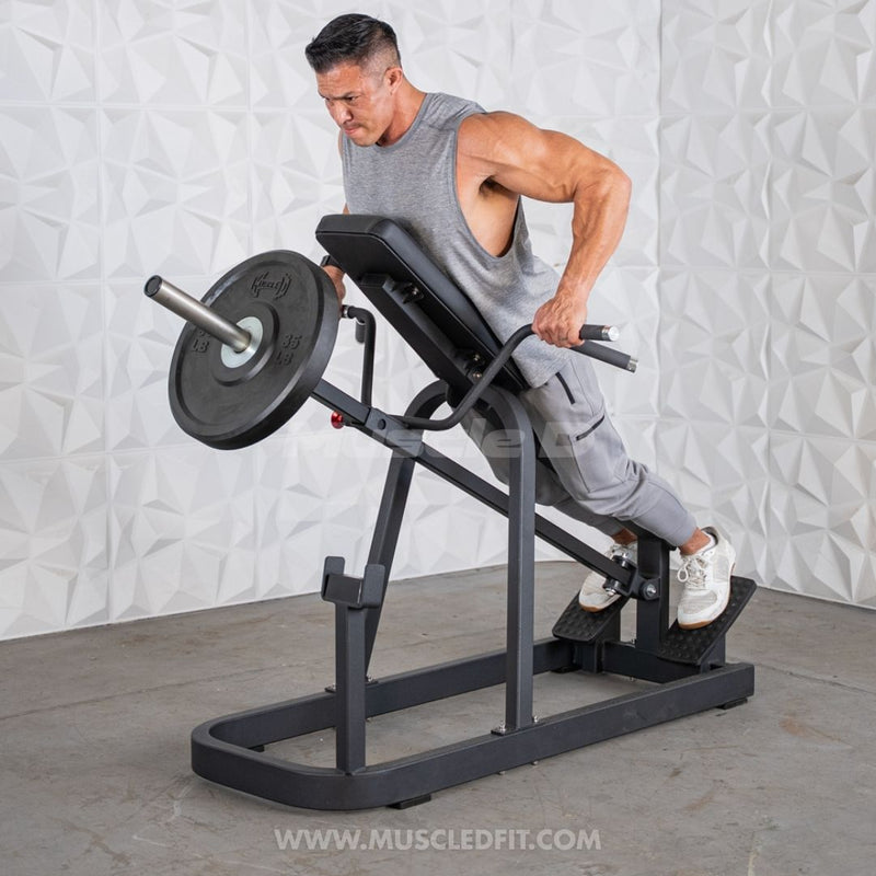 Muscle D Fitness Excel T-Bar Row machine, plate-loaded commercial gym equipment with sturdy handle and weight plate attachments.