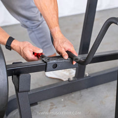 Plate loaded Excel T-Bar Row machine by Muscle D Fitness for commercial gyms, showing the sturdy frame and loading plates.