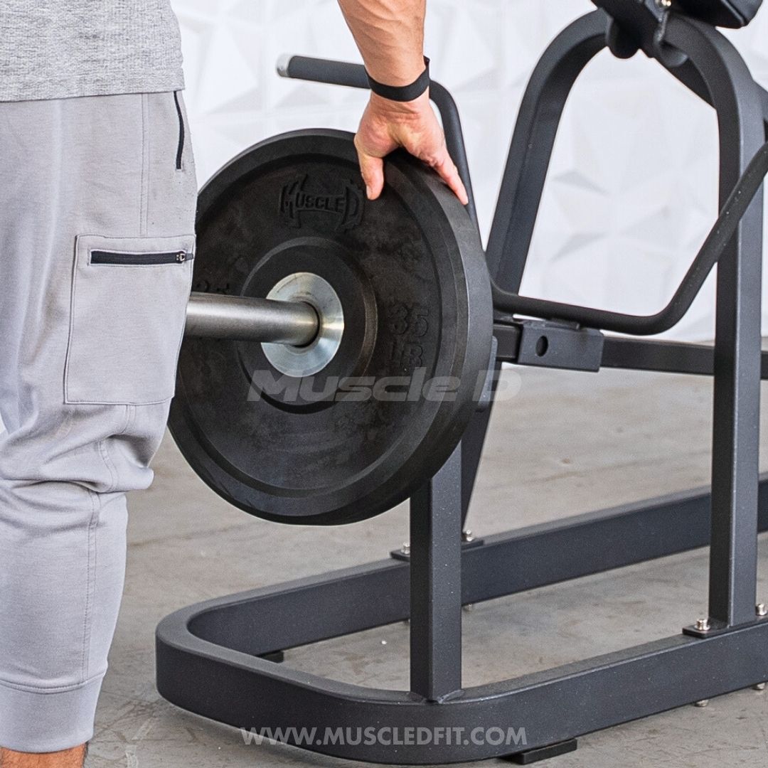 Plate loaded Excel T-Bar Row machine by Muscle D Fitness with watermarked branding, designed for commercial gym strength training.