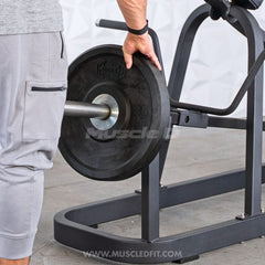 Plate loaded Excel T-Bar Row machine by Muscle D Fitness with watermarked branding, designed for commercial gym strength training.