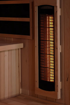 Golden Designs GDI-8030-03 2025 Reserve Edition sauna with full spectrum lighting and Himalayan Salt Bar, shown with near-IR heater on side wall.