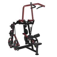 Muscle D Fitness Power Leverage V2 Rotary Lat Pulldown plate-loaded gym machine with adjustable seating and handles.